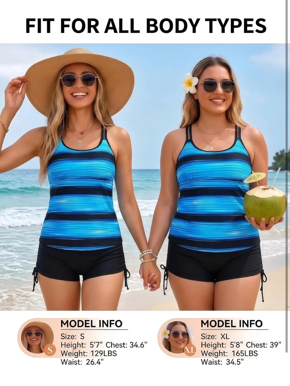 Tankini Swimsuit Athletic Two Piece Tummy Control W/Shorts Modest Tank Top XL